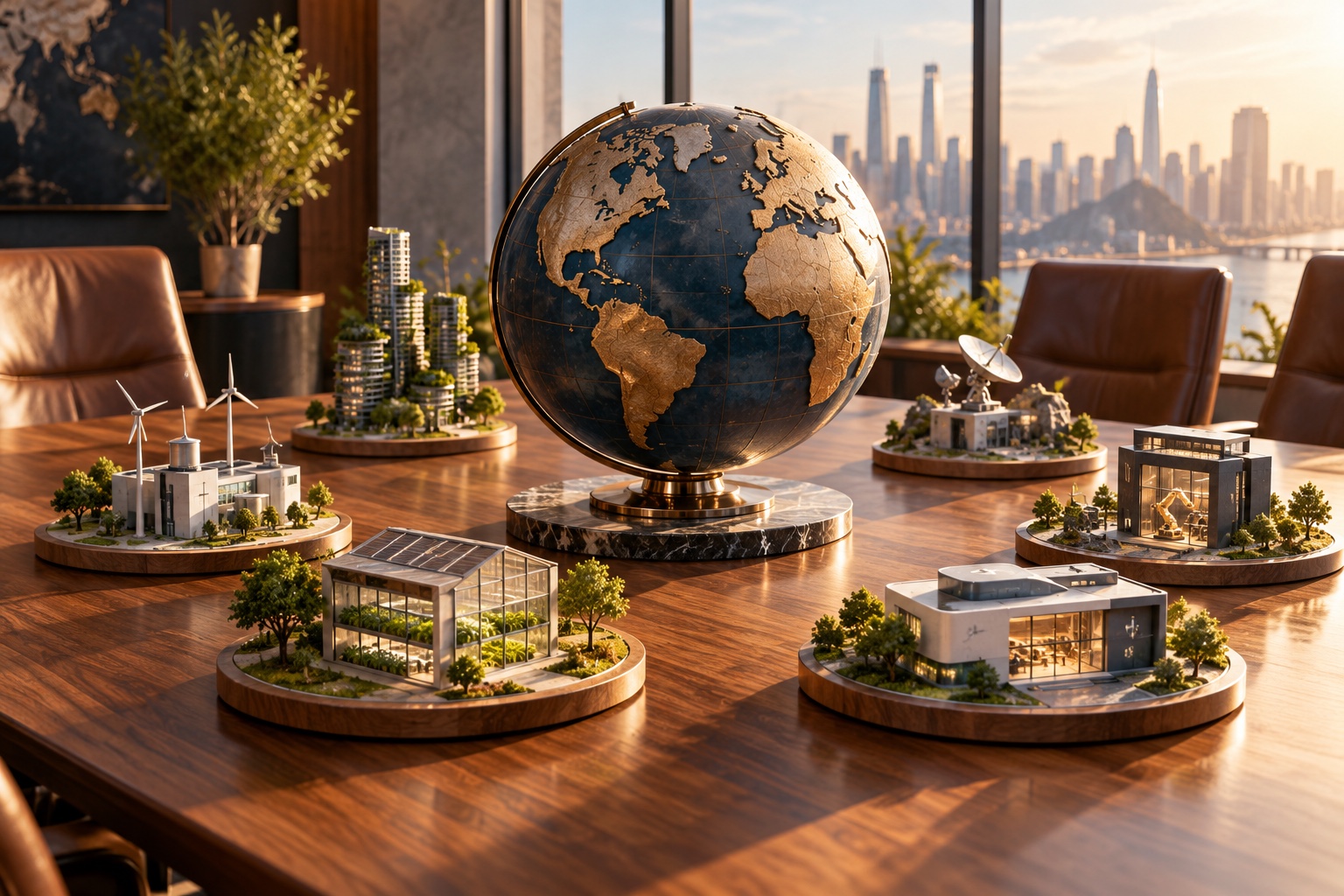 Ilustração gerada por IA. Globo e pequenas maquetes representam investimento internacional em startups.