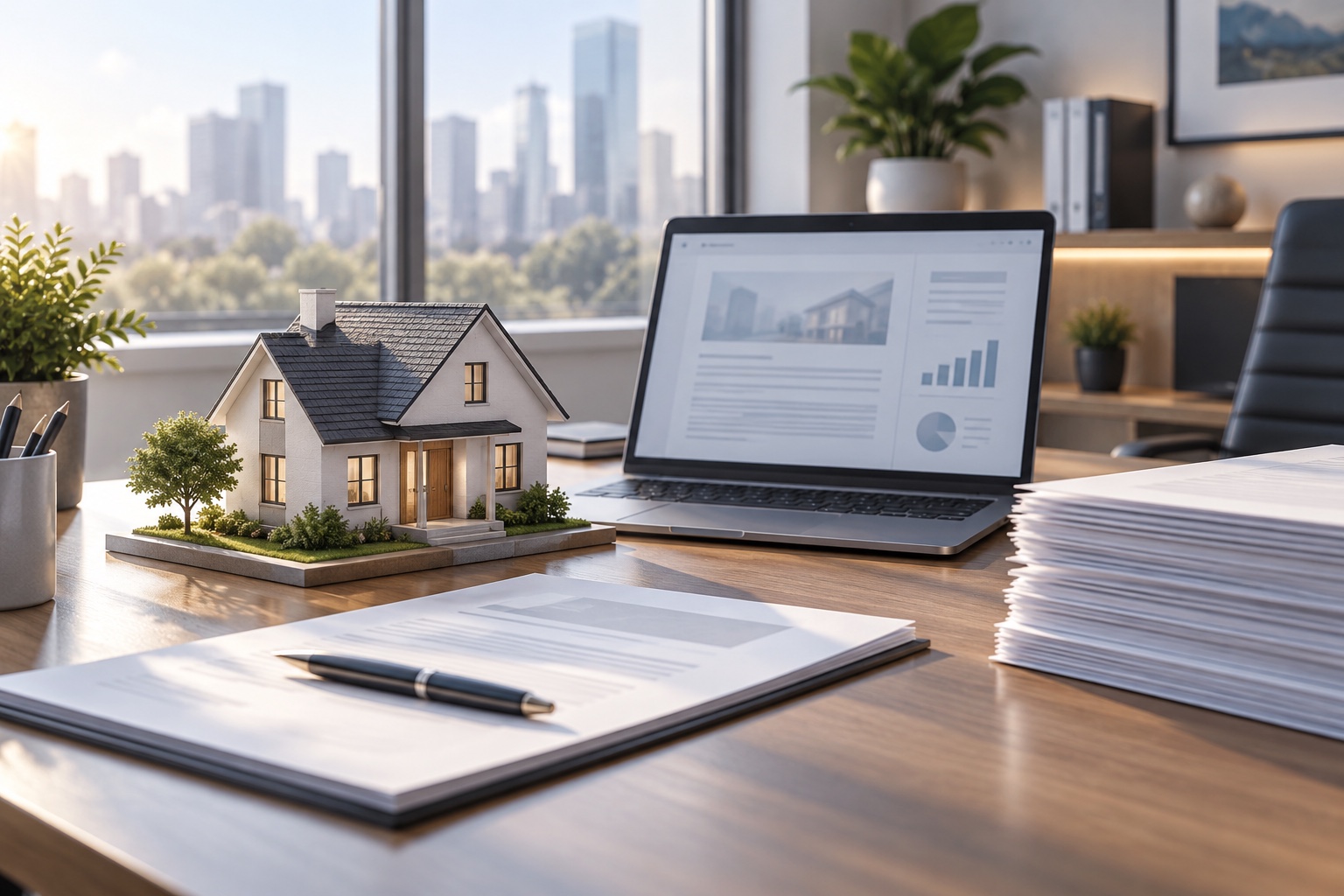 Ilustração gerada por IA. Maquete de casa, documentos e notebook representam processos de crédito imobiliário.