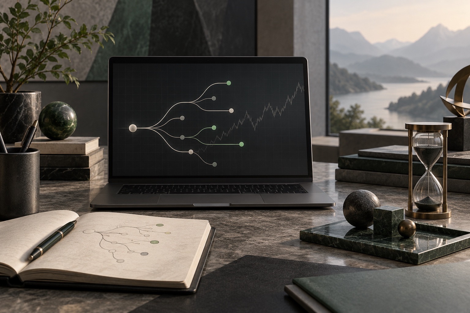 Ilustração gerada por IA. Notebook com caminhos de decisão abstratos em uma mesa de pesquisa financeira.