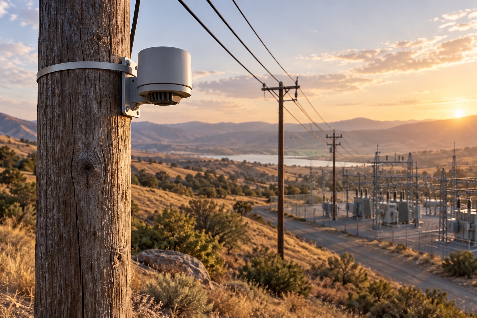 Ilustração gerada por IA. Sensor genérico instalado junto à infraestrutura elétrica em paisagem californiana.