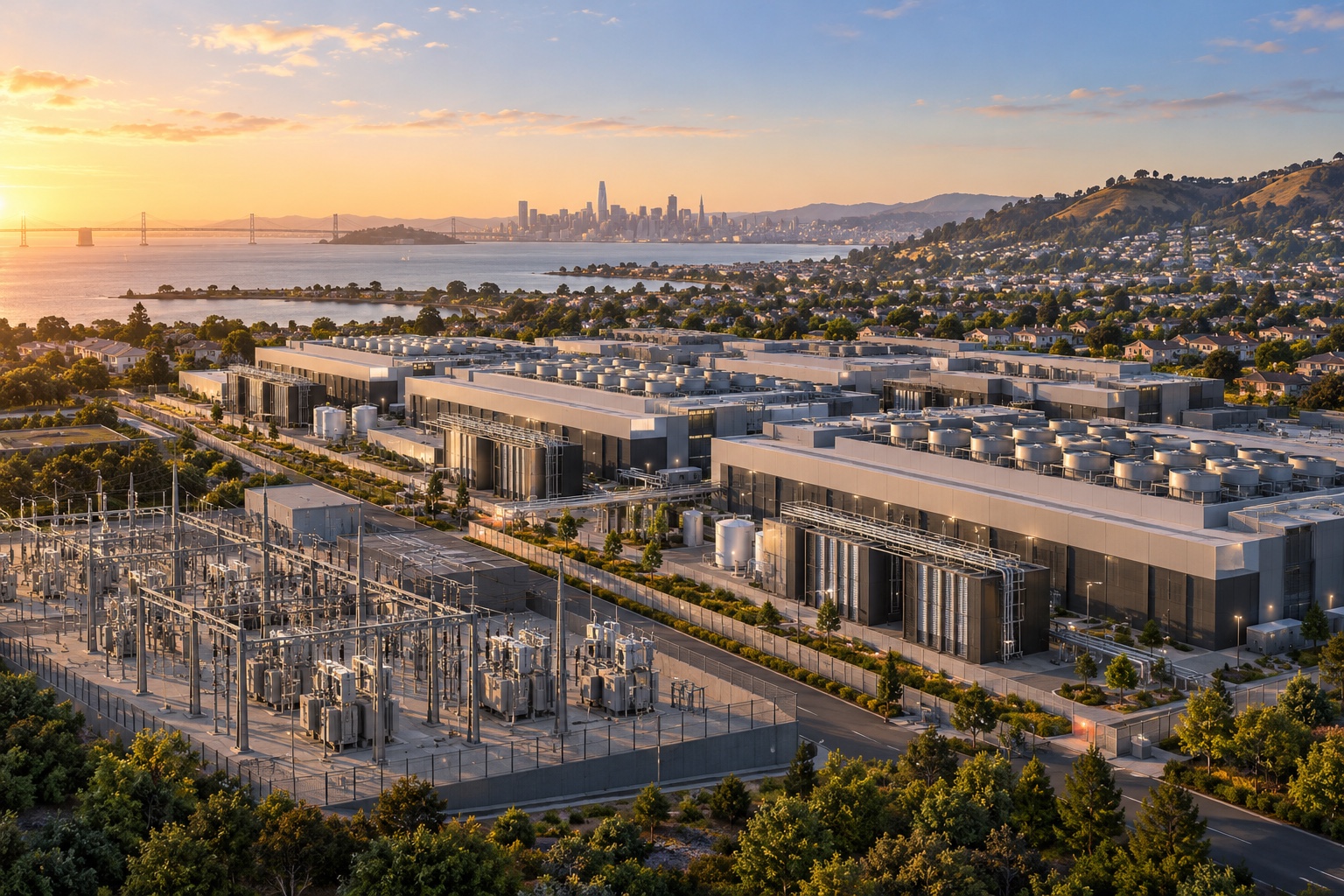 Ilustração gerada por IA. Complexo de data centers conceitual próximo a uma cidade e redes elétricas na Califórnia.