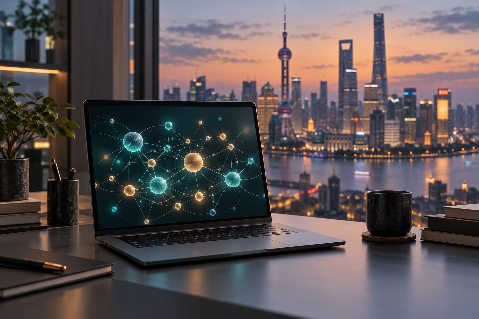 Ilustração conceitual de um notebook em um escritório de tecnologia na China.