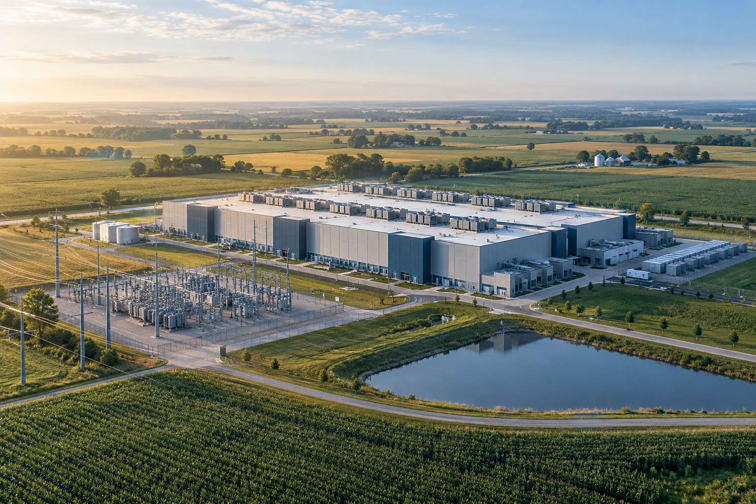 Ilustração conceitual de um data center cercado por área rural.