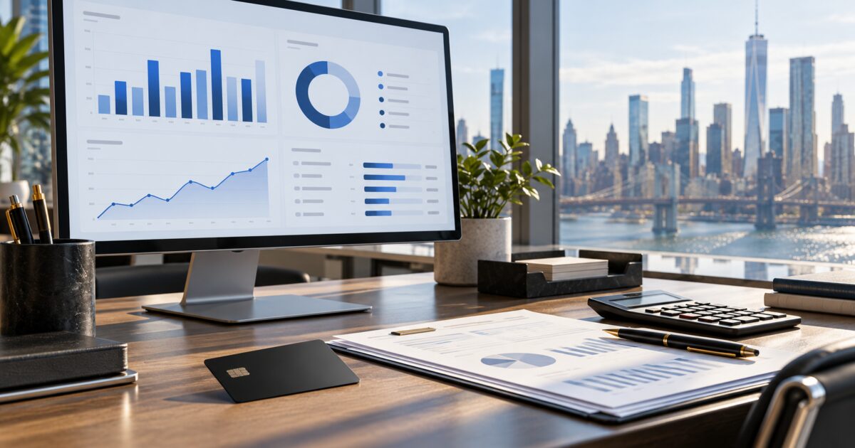 Ilustração de uma mesa de finanças com gráficos e cartão corporativo, sobre automação financeira da Ramp
