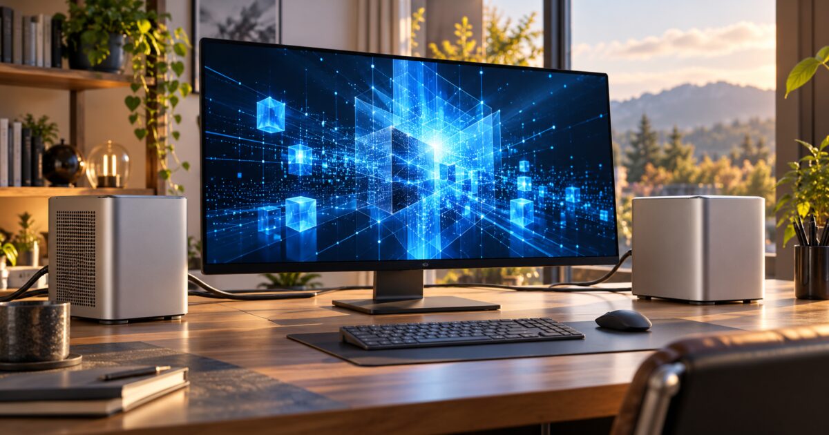 Ilustração de dois computadores conectados para processamento de inteligência artificial