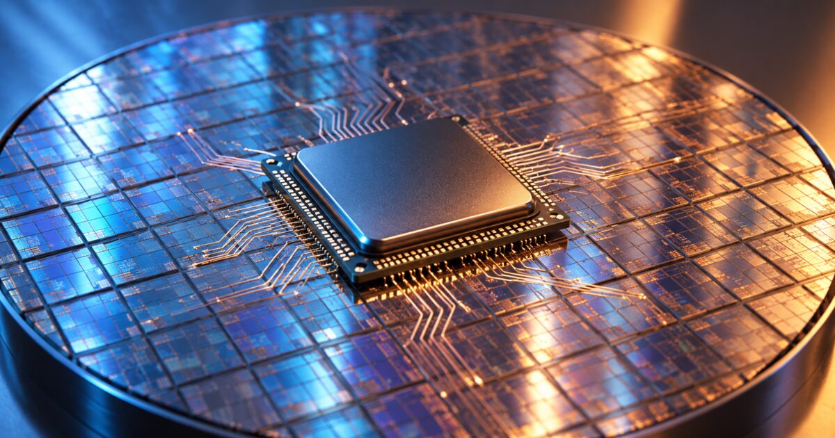 Ilustração de processador sobre wafer de silício, representando design de chips