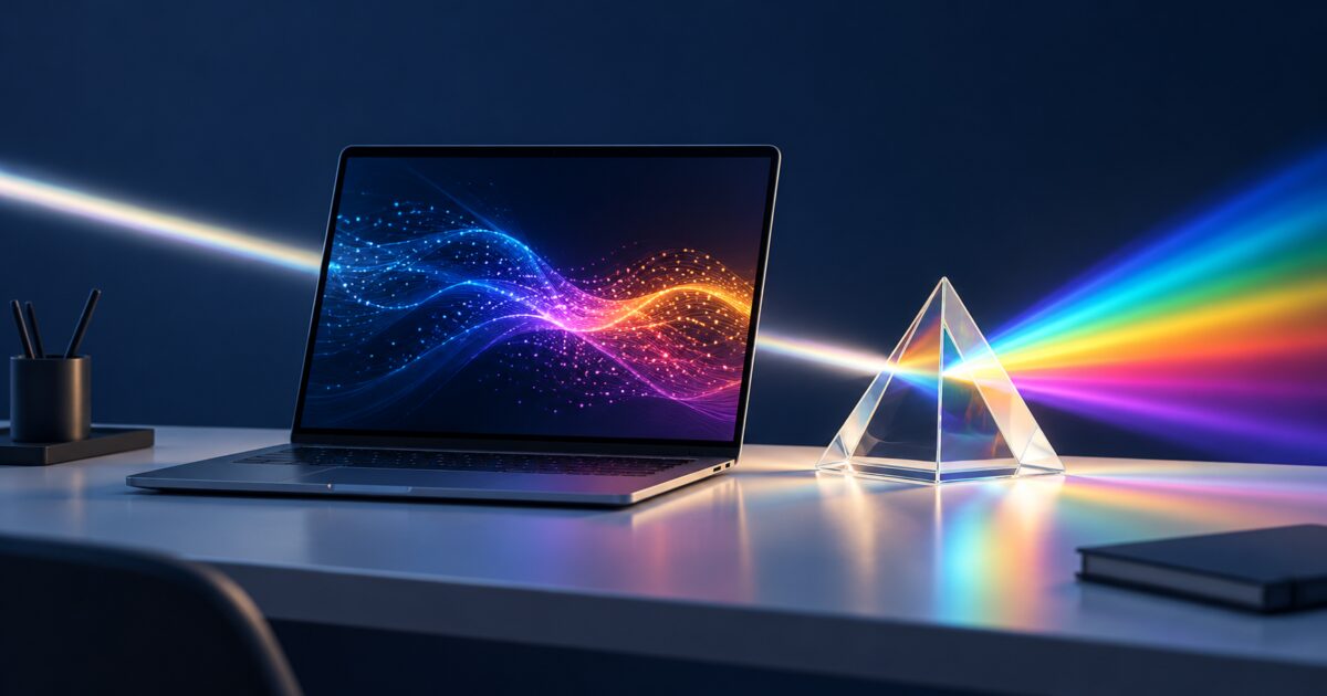 Ilustração de notebook e prisma luminoso representando inteligência artificial