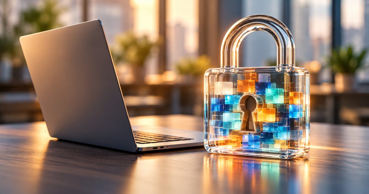 Ilustração de cadeado transparente e notebook representando proteção de dados