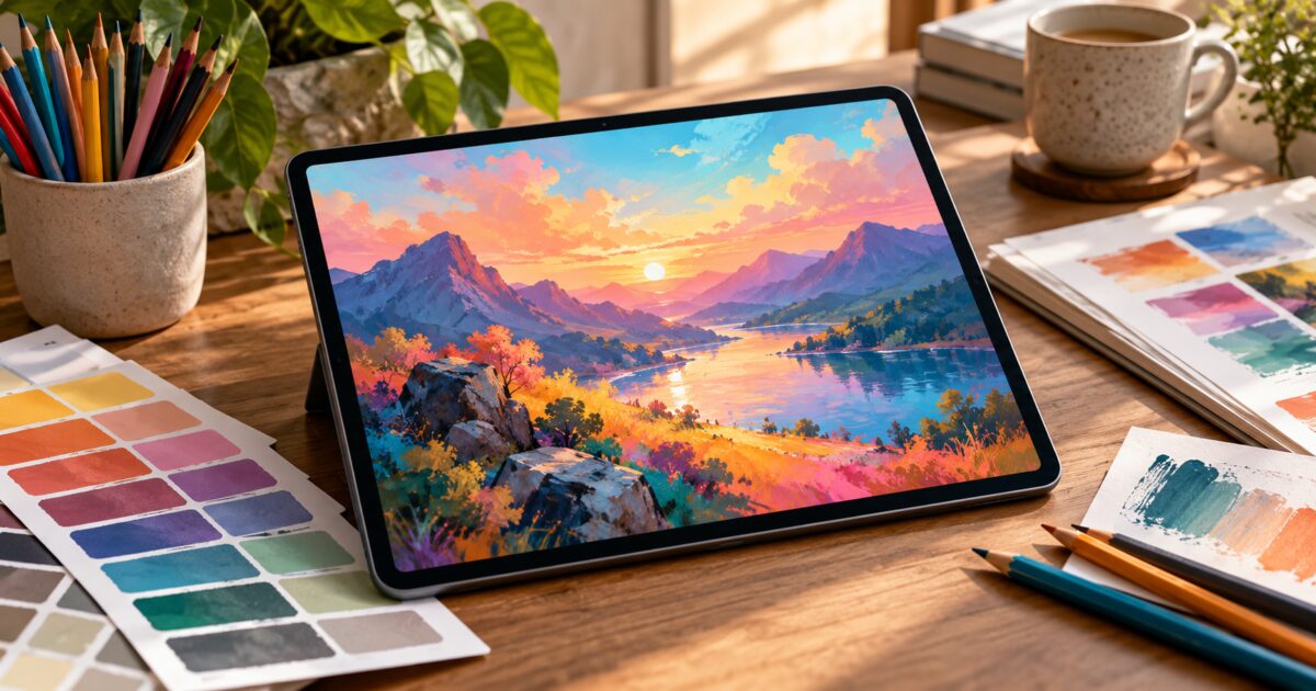 Ilustração de tablet com arte digital representando edição de imagens com IA