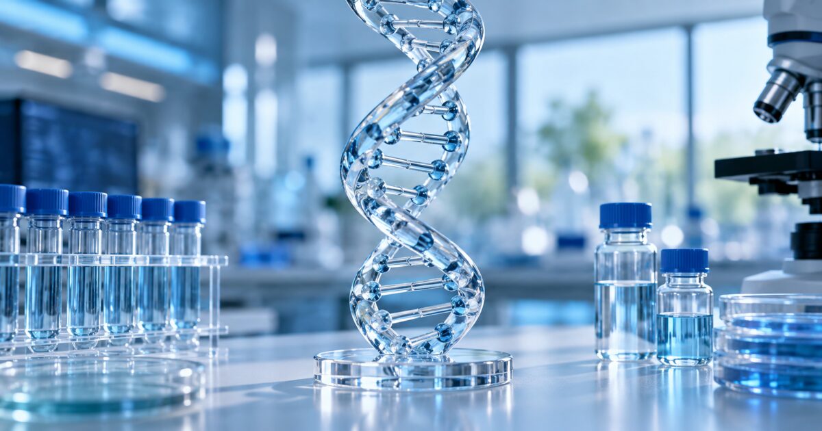 Ilustração conceitual de estrutura molecular em laboratório de biotecnologia