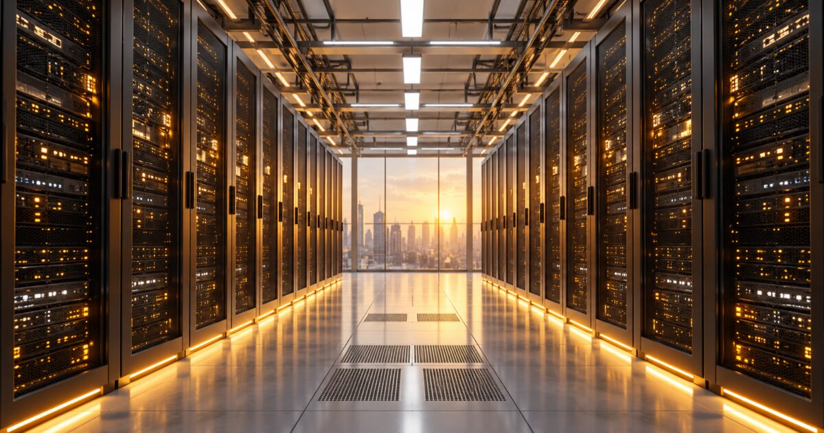 Ilustração de corredor de data center representando infraestrutura de nuvem