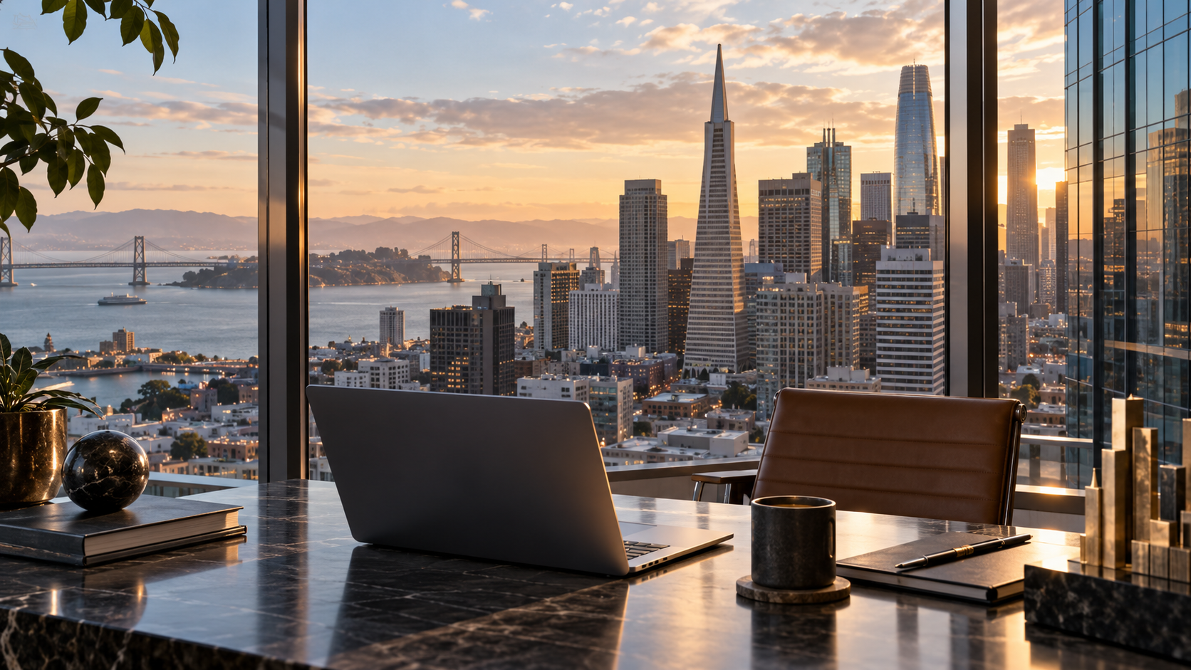 Ilustração conceitual de um escritório com vista para San Francisco.